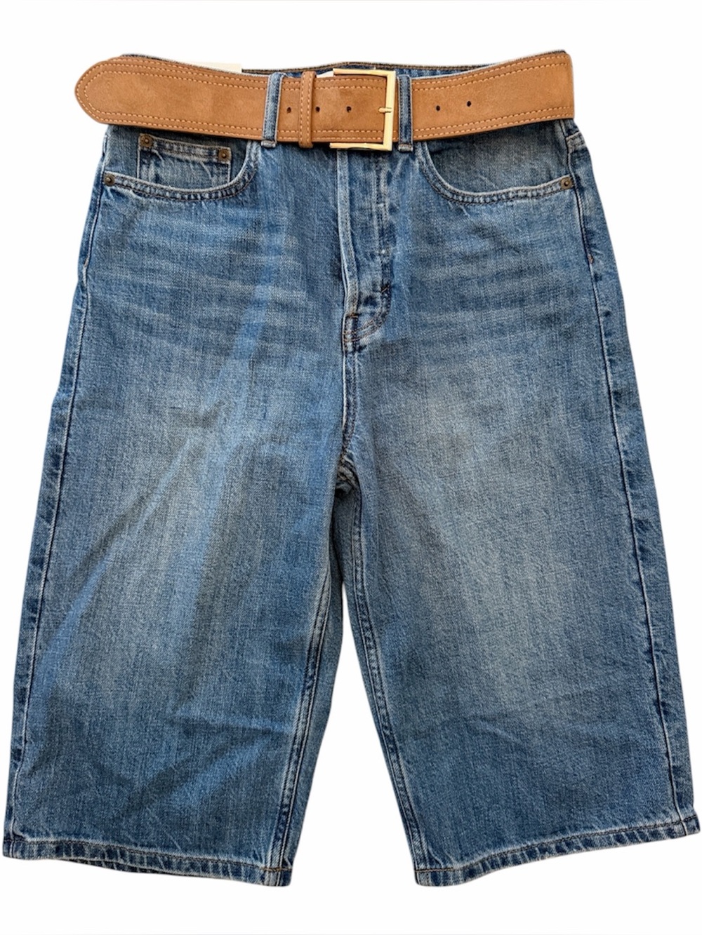 NWT H&M Long Blue Denim Button Front High WaistJean Shorts with Tan Belt. Size